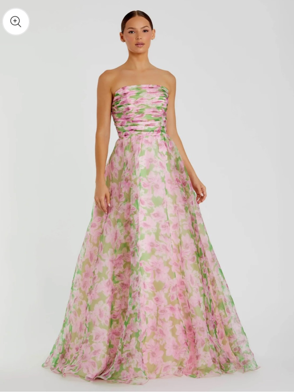 Floral Strapless Evening Gown in Pink & Green